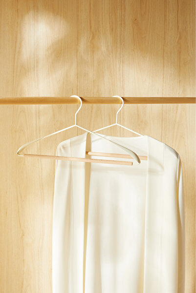 Ocean Home Textile 2'li Ahşap Destekli Omuz Formlu Mat Beyaz Metal Elbise Kıyafet Askısı, Giysi Askısı 21.5x42x0.5