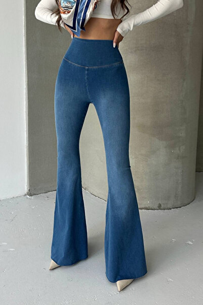 moda poni Kadın Mavi Yüksek Bel İspanyol Paça Tayt Jean