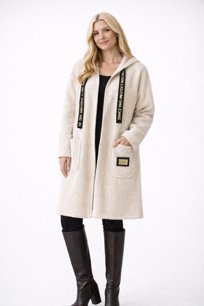 Sibel Günay Butik Hooded Women's Boucle Coat – Cream