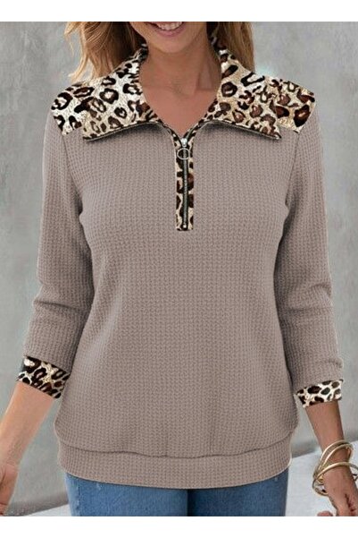 Modayakamoz New Season Women's Long Sleeve Leopard Collar Zippered Waffle Blouse