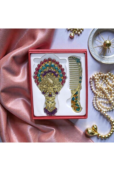 Kuzey Tacı طقم مشط هدية مطرز بطائر الطاووس الأسطوري مع علبة خاصة فاخرة صغيرة الحجم