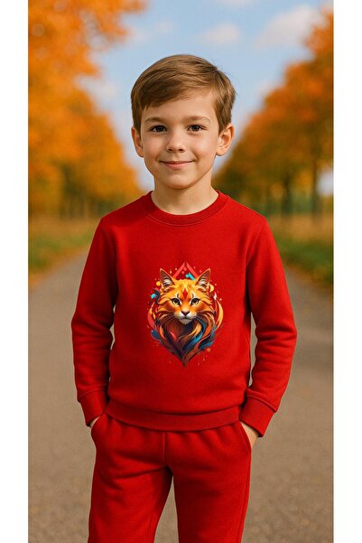 playwear سترة رياضية KEDİ V3 B مطبوع للفتيات والأولاد برقبة دائرية3 4-5-6-7-8...