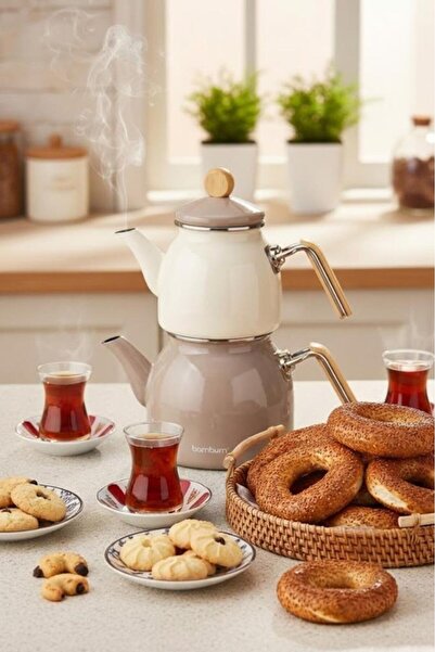 Bambum Nostalji - Ahşap Kulplu Çaydanlık Takımı Toprak