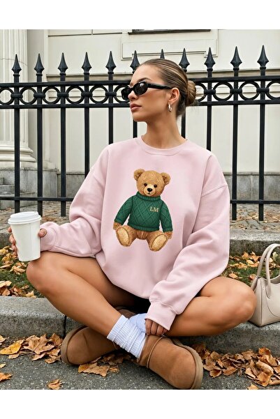 Aether Clothing سترة من القطن العضوي بأكمام طويلة من Bear مطبوع قصة فضفاضة