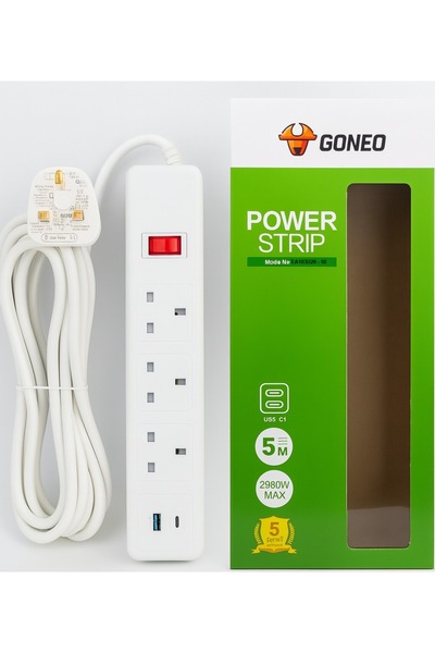 GONEO EA1030 Power Strip with 3 Outlets & 2 USB Ports, 2990W, 5m Cable, Overload Protection, SASO &