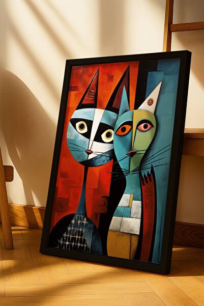 Artiqa Picasso Stilinde İki Kedi Siyah Çerçeveli Tablo – Kübist Sanat | Kırmı...