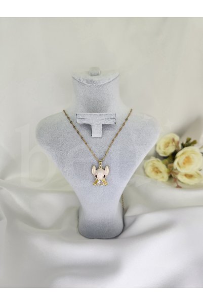 beus Zirkon Taşlı Mineli Mavi Karakter Figürlü Kolye 316L Paslanmaz Çelik Gold 40+6 cm - Kadın