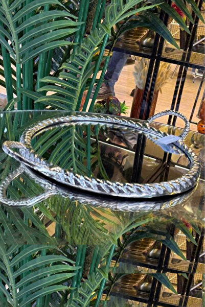 LEMİ DEKORASYON İthal Döküm Gümüş Yuvarlak Dekoratif Aynalı Tepsi 44 Cm