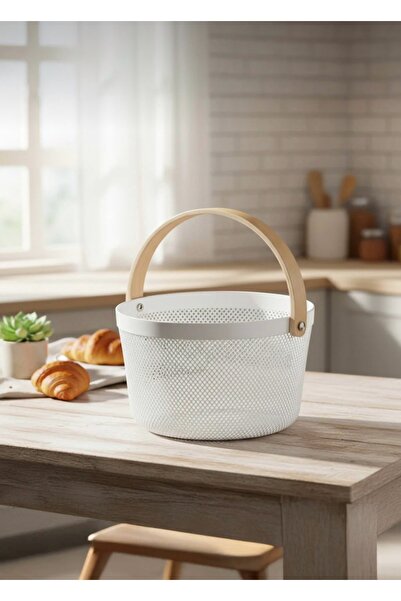 CEZVE HOME White Wooden Handle Round Metal Wire Basket Organizer Modern Decorative Presentation & Fruit Bowl