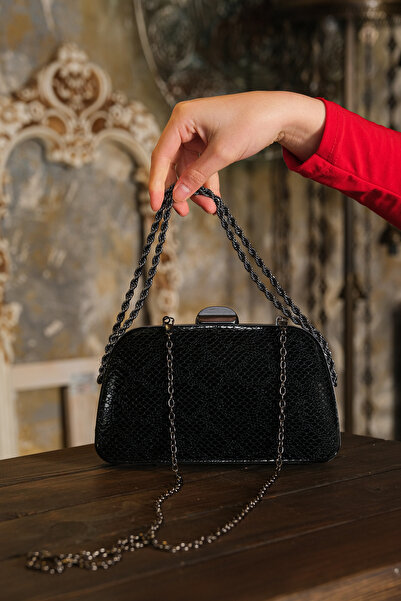 ROZA CANTA Siyah Petek Zincir Askılı El Omuz Abiye Dügün Gece Çantası