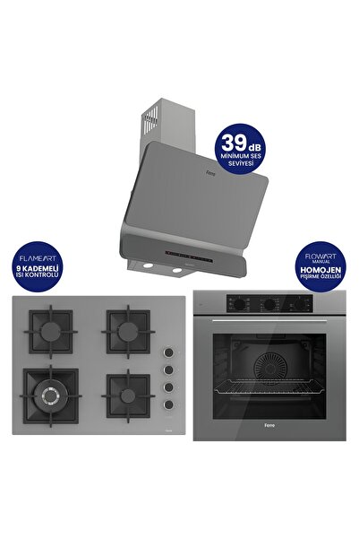 Ferre Flowart Turbolu Silentart Gri Cam Ankastre Set ( 65 CM Woklu OCAK ) QBL...
