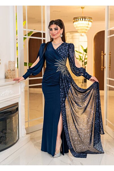 Matik Abiyem Kristal Buzi Leopar Dijital Şifon Baskılı Taş Aksesuarlı Uzun Elbise Abiye