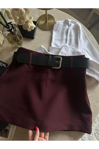 Chamakh Bordo Kalın Kemer Detay Şort Etek