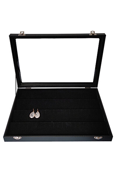 Cufarul cu margele Tavă neagră din catifea cu capac de sticlă pentru cercei 35x24x4.5cm