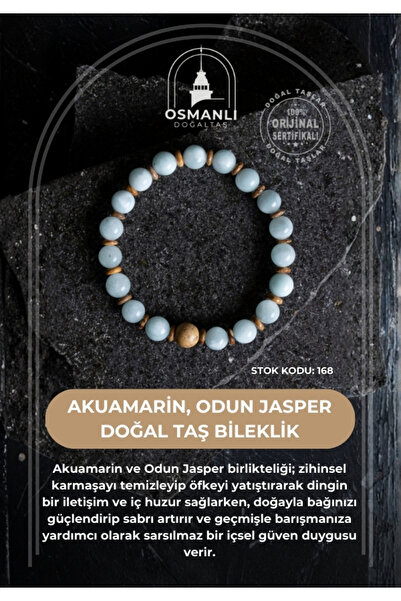 OSMANLI DOĞAL TAŞ Certified Aquamarine, Wood Jasper Natural Stone Bracelet (S...