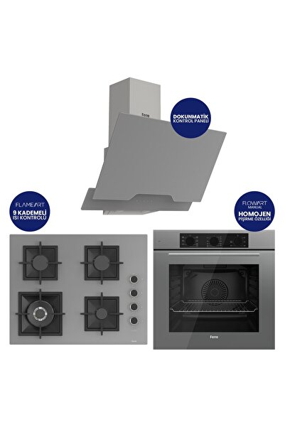Ferre Flowart Turbolu Silentart Gri Cam Ankastre Set ( 65 CM Woklu OCAK ) QBL...