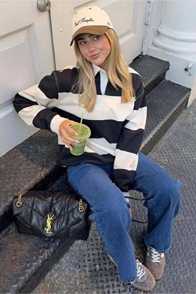 Madmext White Striped Button Polo Neck Women's Long Sleeve T-Shirt Mg2586