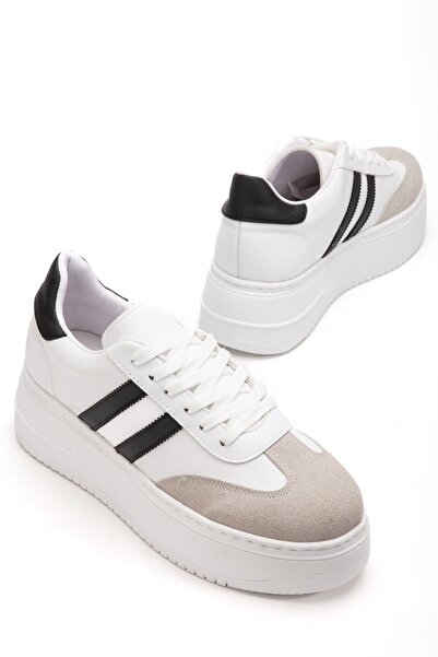 BAHRİNA Women's White Leather Powder Thick Sole Sneaker