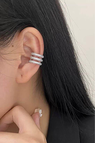 TAKIŞTIR Gümüş Renk Taş Detaylı 14K Altın Kaplama TX Ear Cuff (Tek)