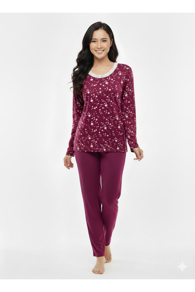 GUAVA+ طقم بيجامة رفيع بتفاصيل دانتيل على الياقة ونقش نجمة