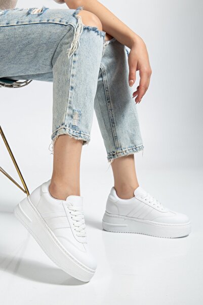 BAHRİNA Women's White Leather Thick Soled Sneaker