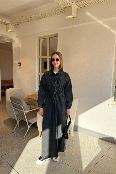 Stilife Yarım Patlı Kot Elbise Antrasit