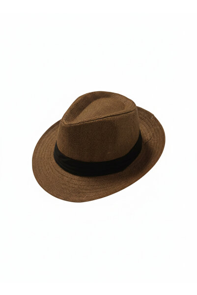 REBBEX Brown Fedora Straw Hat with Fabric Ribbon Decoration