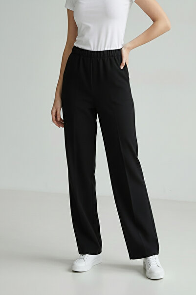 nacar çarşı Women's Black High Waist Elastic Waistband Pipe Leg Pocketed Fabr...