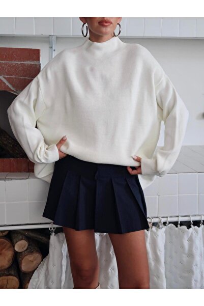 Maysev Yarım Balıkçı Yaka Düşük Omuz Soft Tuşe Oversize Fit Uzun Kollu Ekru Kadın Kazak