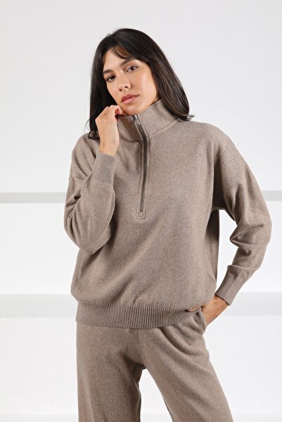 Ferraro Mink Long Sleeve Half Turtleneck Zippered Cashmere Women's Knitwear Sweater