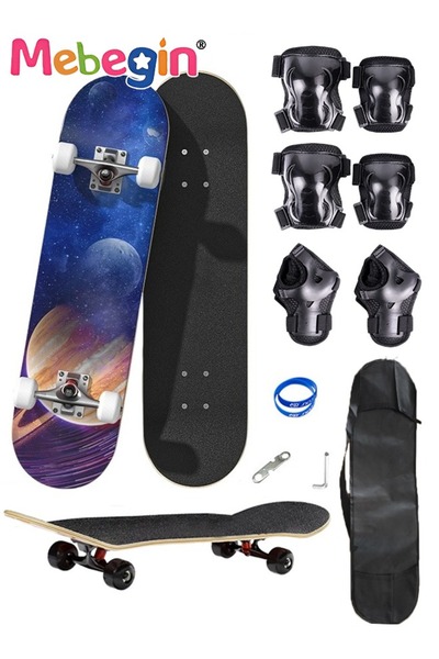 MEBEGIN طقم لوح تزلج 78*20 سم مع حقيبة تخزين و6 قطع من معدات الحماية، لوح تزلج من خشب القيقب 7 طبقات مع متانة