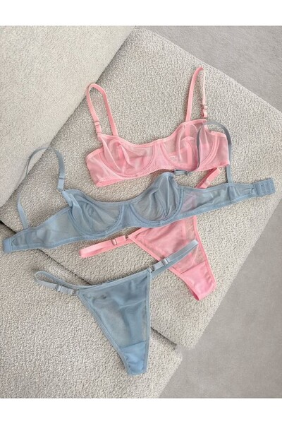 Fanwet Women's Tulle Detailed Pink - Blue Color 2-Piece Thong Bra Set Underwear