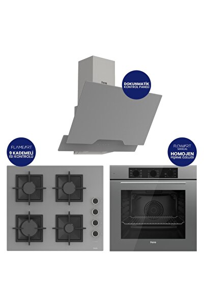 Ferre Flowart Turbolu Gri Cam Ankastre Set ( Kaymaz Döküm Izgara ) QBL62CPR+S...