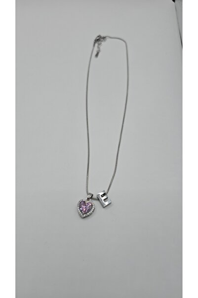 NO NAME Zirkon Taşlı Çelik Kalp Detaylı Gümüş Renk-E- Harfi Kolye