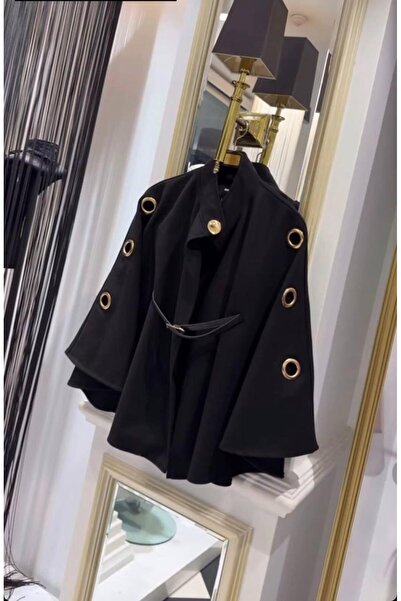 RİO BUTİK Kemerli Kaşe Pelerin Panço Kolları Gold Kuşgözü Detaylı 7651