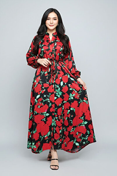 dorbe retro floral printed stand collar full sleeves split design long maxi abaya dress