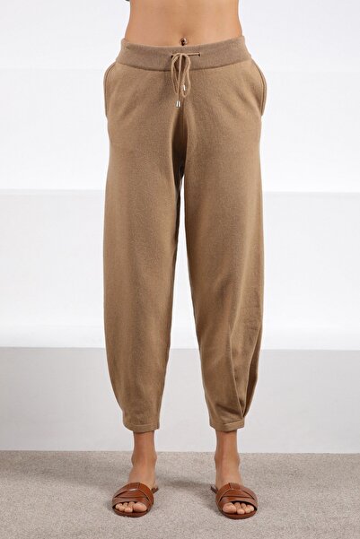 Ferraro Camel Pocketed and Lace-Up High Waist Elasticated Leg Cashmere Women's Knitwear Pants