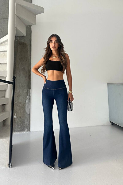 The Robi Women's Navy Blue High Waist Flared Casual Trousers