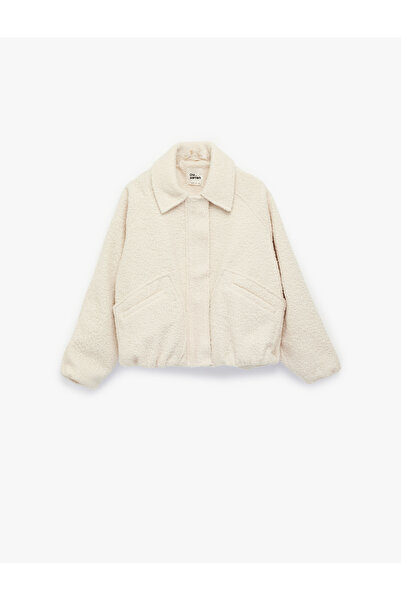 Koton Long Sleeve Pocket Snap Button Shirt Collar Boucle Fabric Crop Coat