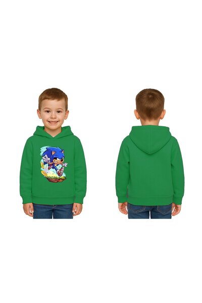 SEDİRLİ سويت شيرت للأطفال من سونيك مطبوع للجنسين، بغطاء للرأس، 3 خيوط، مزخرف