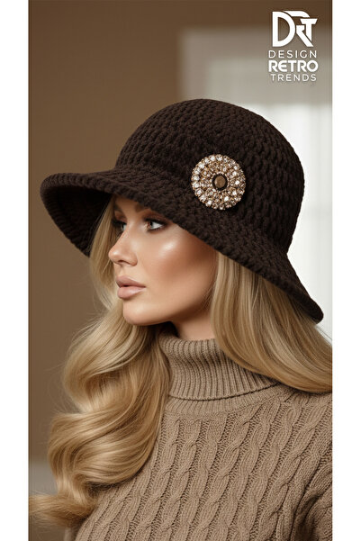 drt tasarım Dark Brown Velvet Hat with Stone Detail