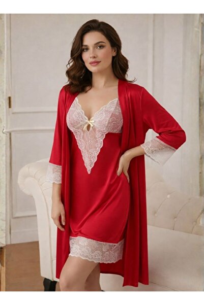 Cute Red Satin Lace Robe Set for Women – Matching Slip Nightwear
