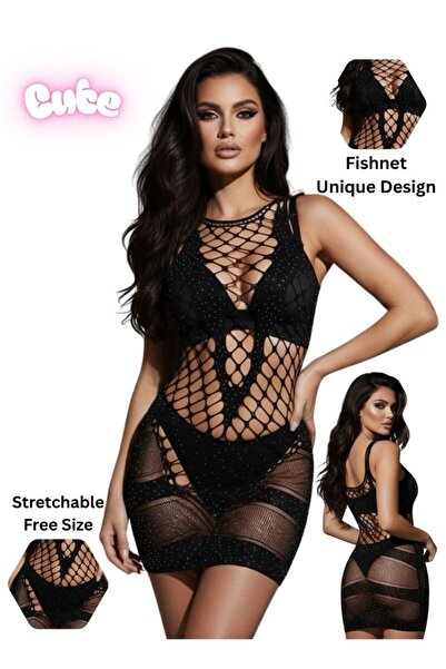 Cute Black Fishnet Mini Lingerie Dress – Stretchable Net Bodycon Design