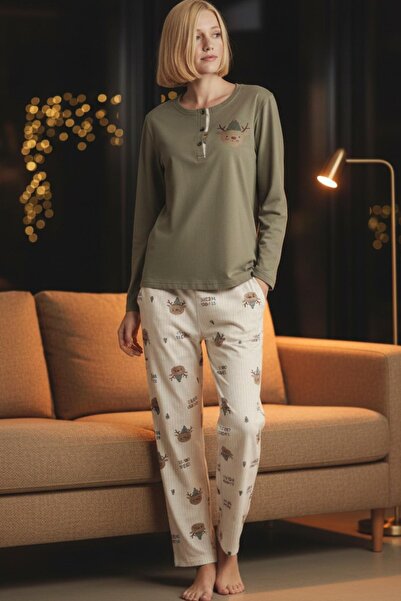 PİJAPİA Premium 100% Cotton Women's Long Sleeve Pajama Set Khaki