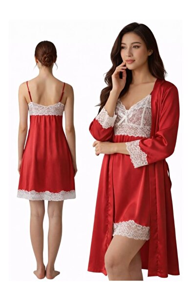 Cute Red Satin Lace Nightdress with Matching Robe