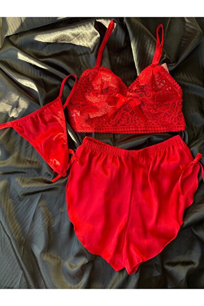 NoxAura Red Lace Detailed Satin Shorts Three Piece Set