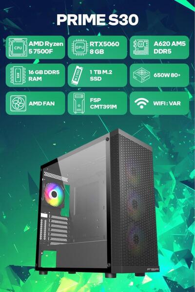 Game Garaj Prime S30 AMD Ryzen 5 7500F 16GB RAM 1TB SSD RTX5060 FreeDOS Oyunc...