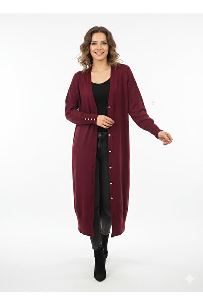 CELTMODA Women's Buttoned Long Mercerized Cardigan - Burgundy