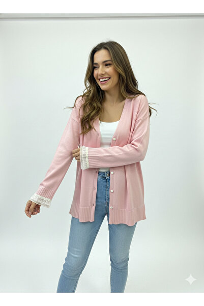 CELTMODA Women's Mercerized Cardigan with Lace Detail and Buttons - Pink