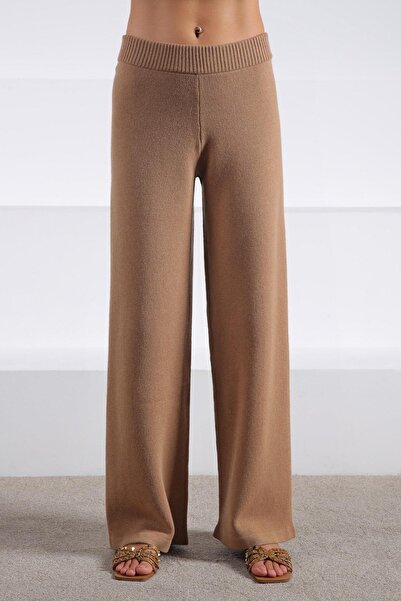 Ferraro Camel Cashmere High Waist Wide Leg Women's Knitwear Pants